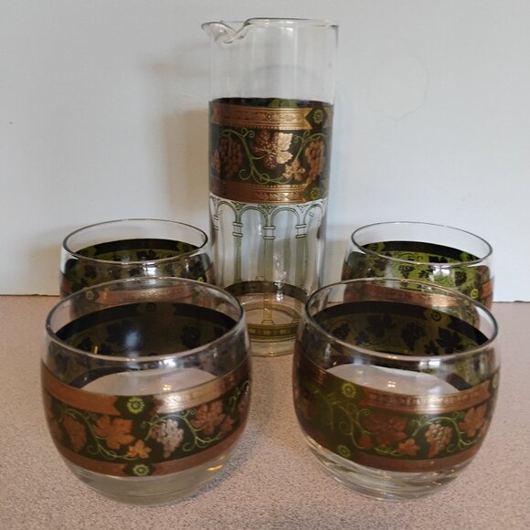 Cera Glass Vintage Golden Grapes Cocktail Pitcher and 4 Tumblers Set, Very Rare - Picture 1 of 5